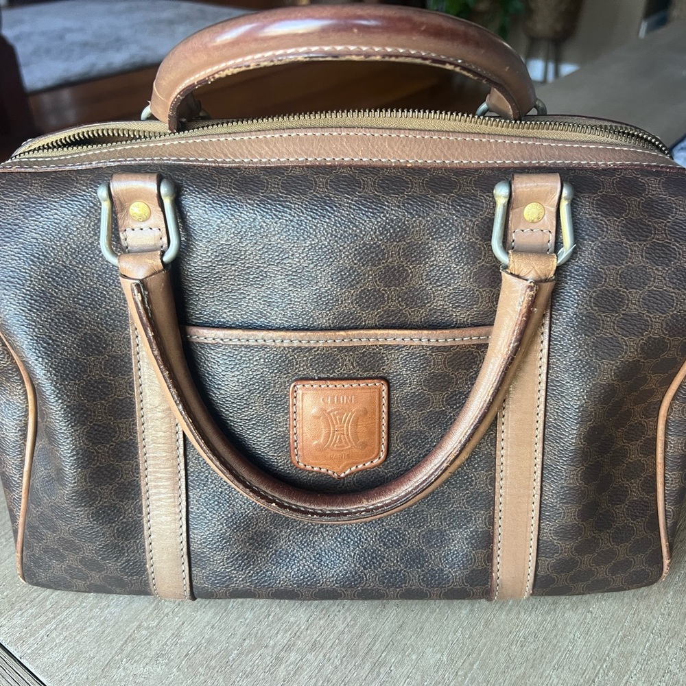 Celine Brown Coated Canvas & Tan Leather Duffel Bag